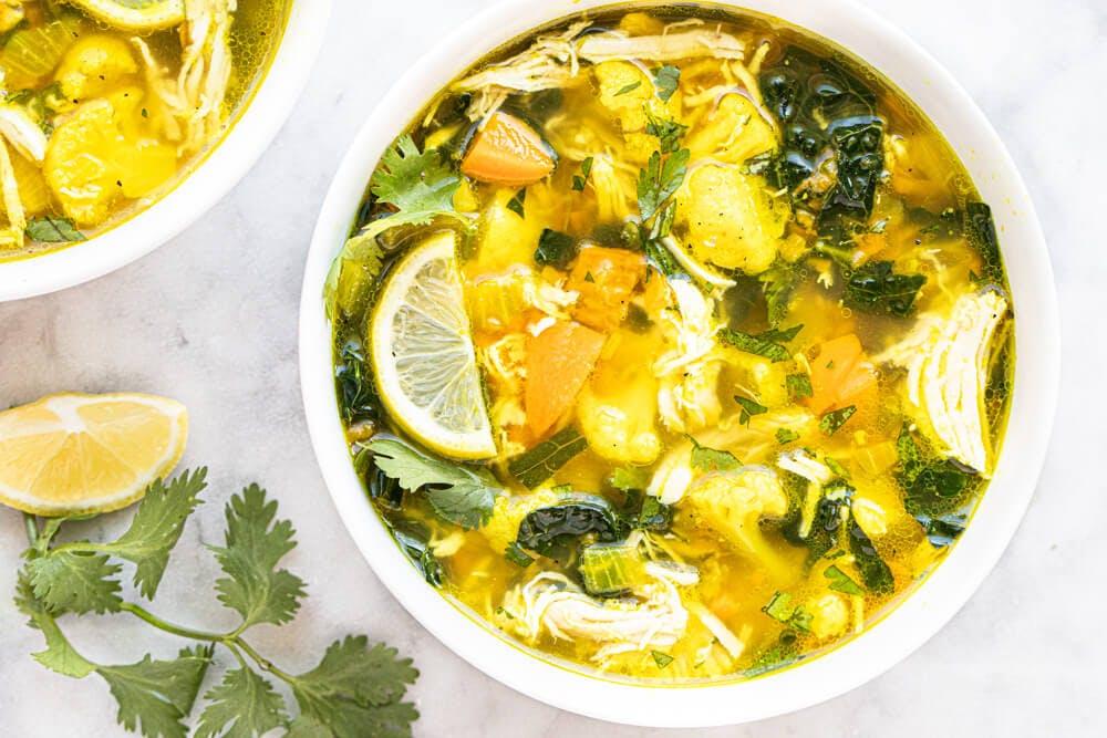 Soup With Turmeric And Lemon Flavored Chicken
