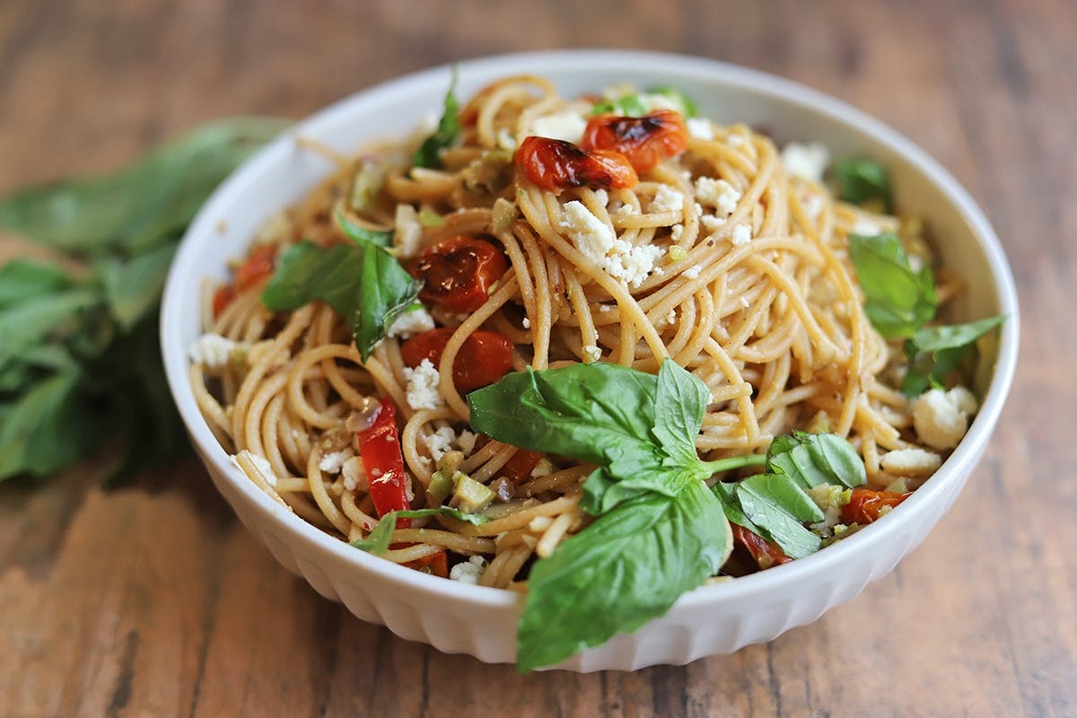 3. Mediterranean Pasta with Tomatoes and Vegan Feta