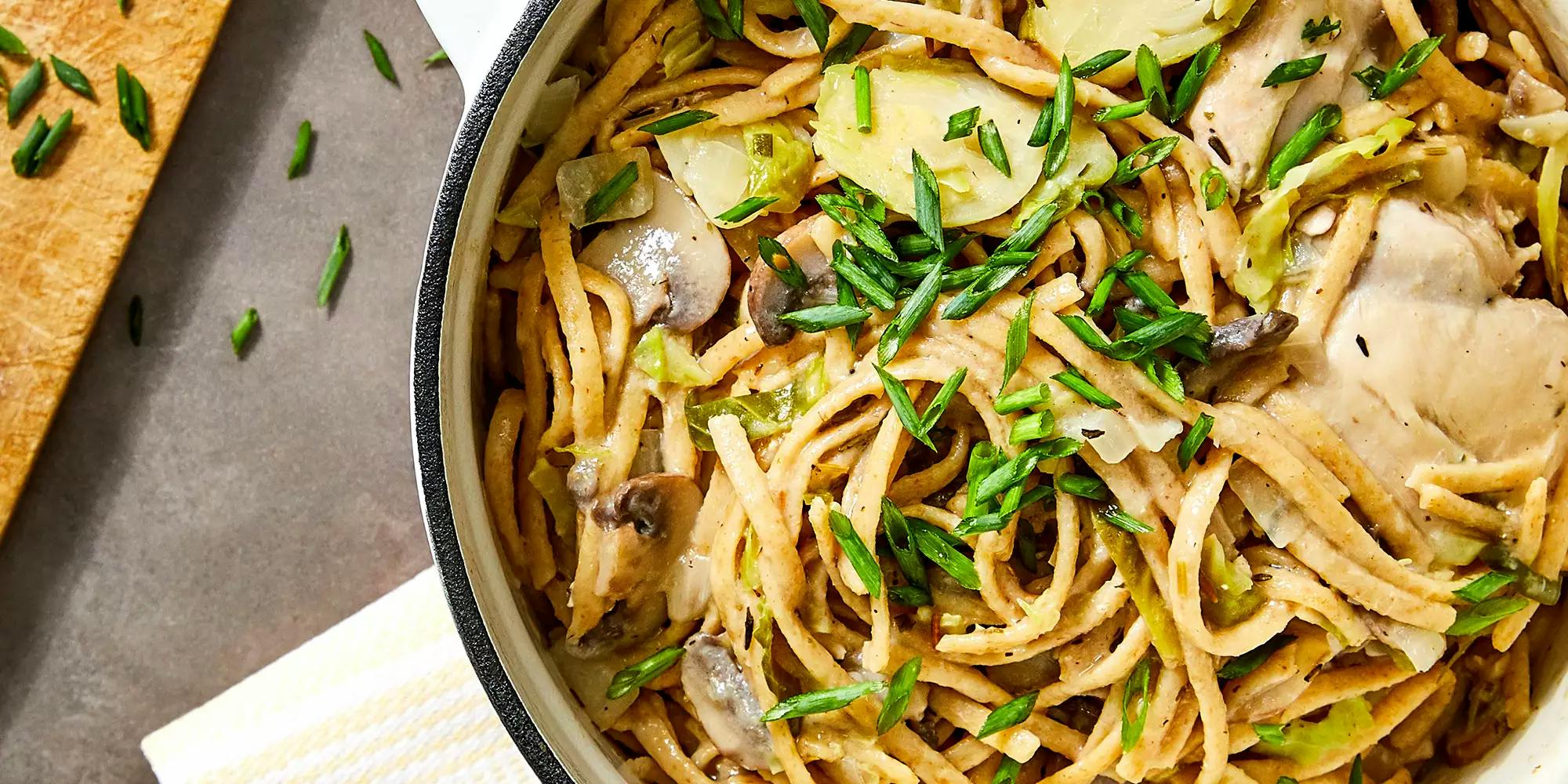 Creamy Chicken, Brussels Sprouts, and Mushrooms one pot pasta