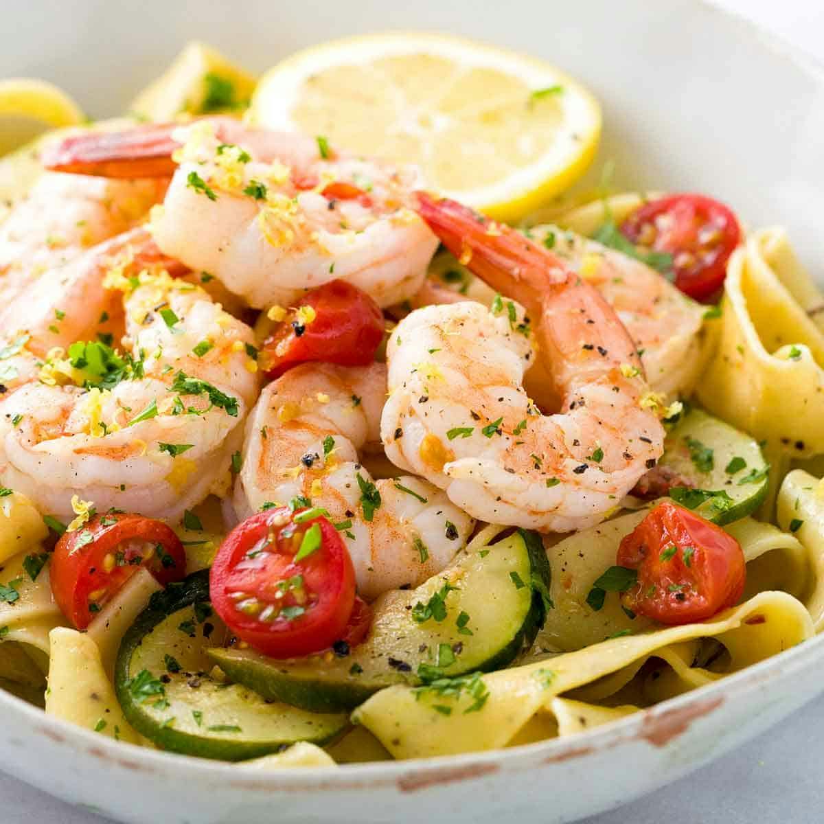 One dish of Creamy Pasta with Lemon and Shrimp 