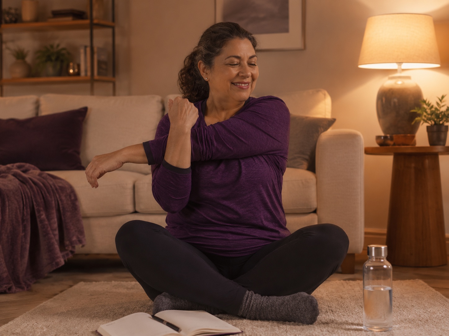 Adult smiling while stretching during an evening wind-down routine at home.