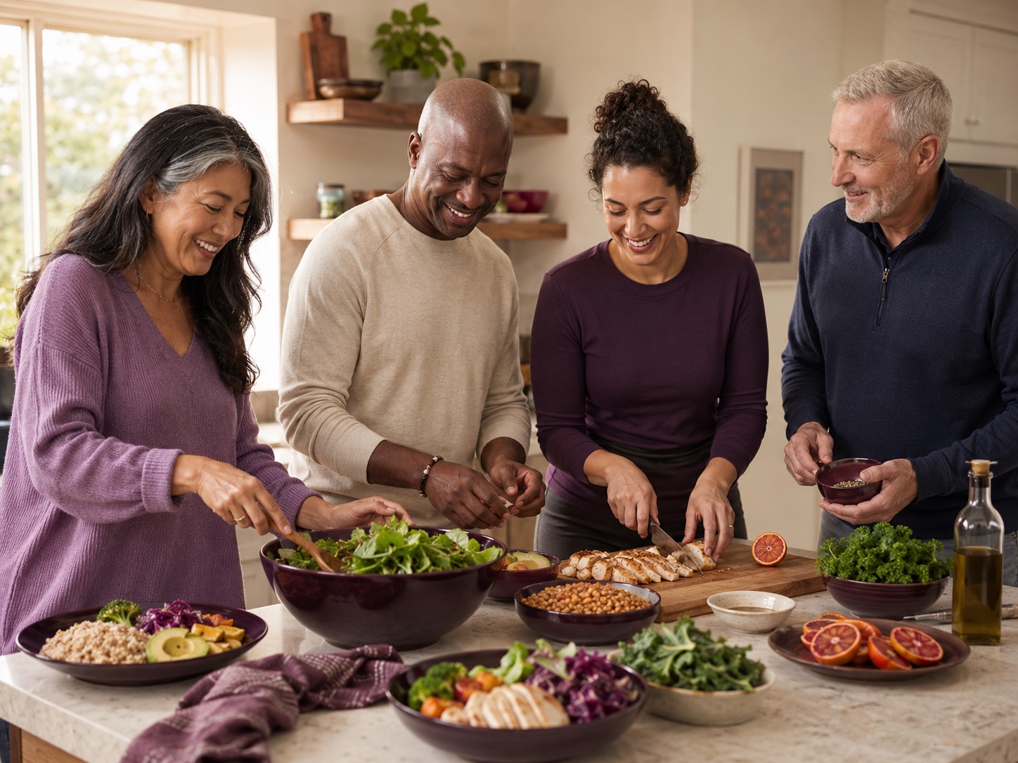 Adults preparing a colorful balanced meal together in a warm kitchen.