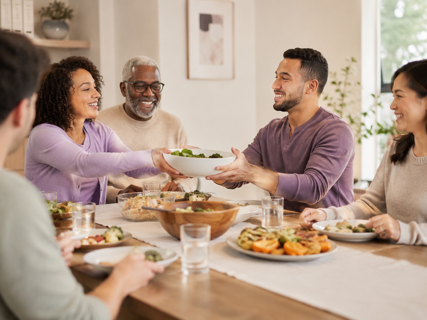 Friends and family sharing a balanced meal around a bright table.