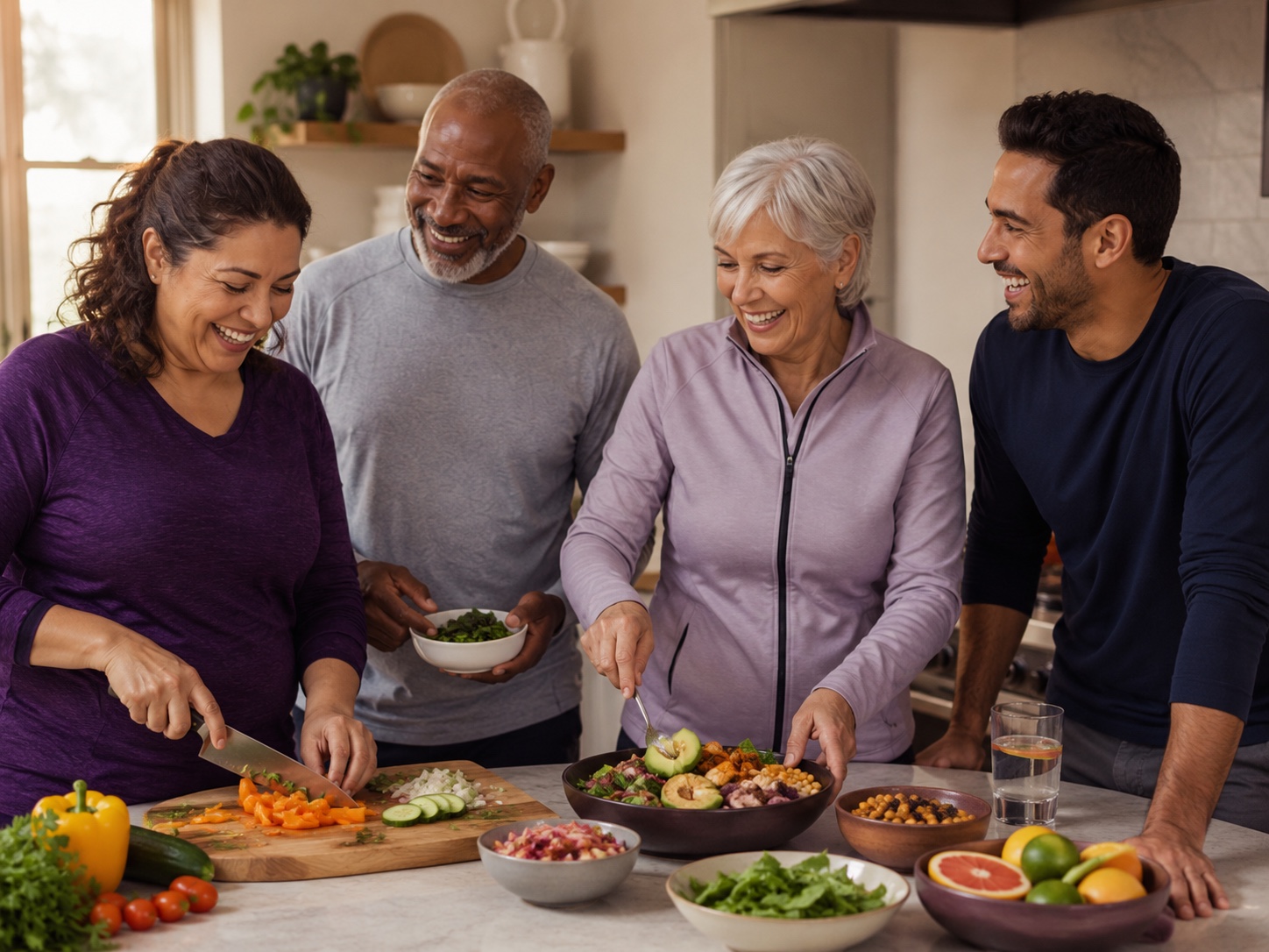 Friends smiling while cooking a balanced meal together in a kitchen.