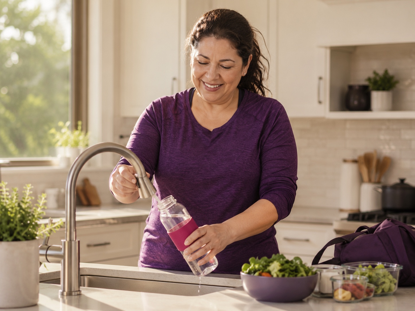 Adult smiling while filling a water bottle before a healthy routine.