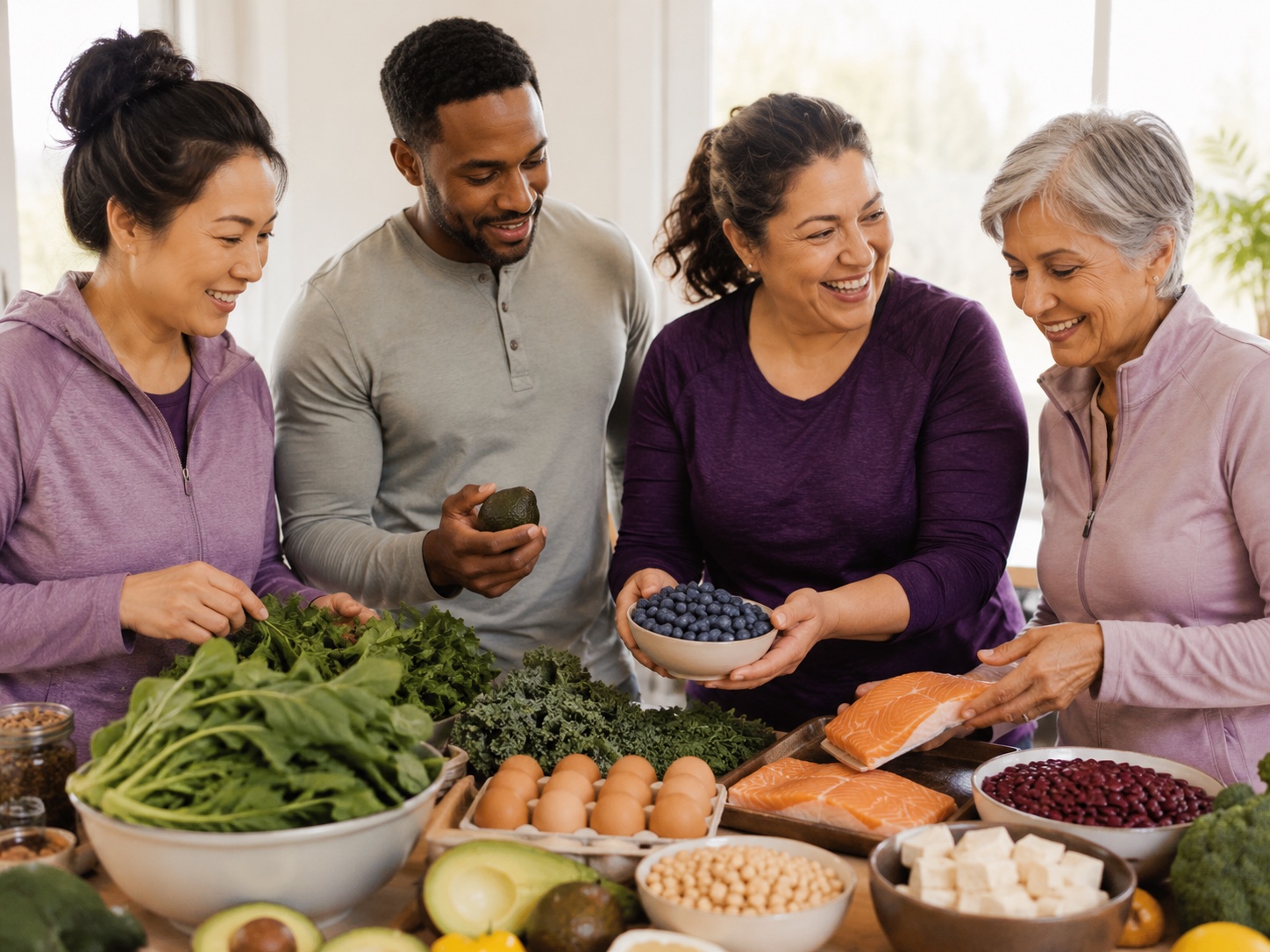Adults smiling while choosing fresh ingredients for balanced meals.