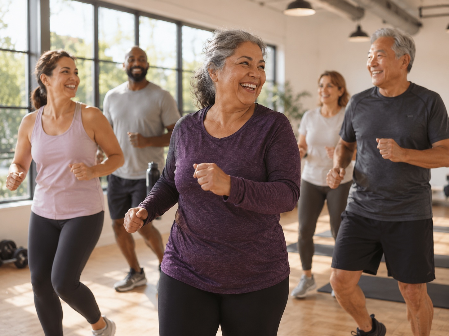 Adults smiling during a low-impact cardio class in a bright studio.