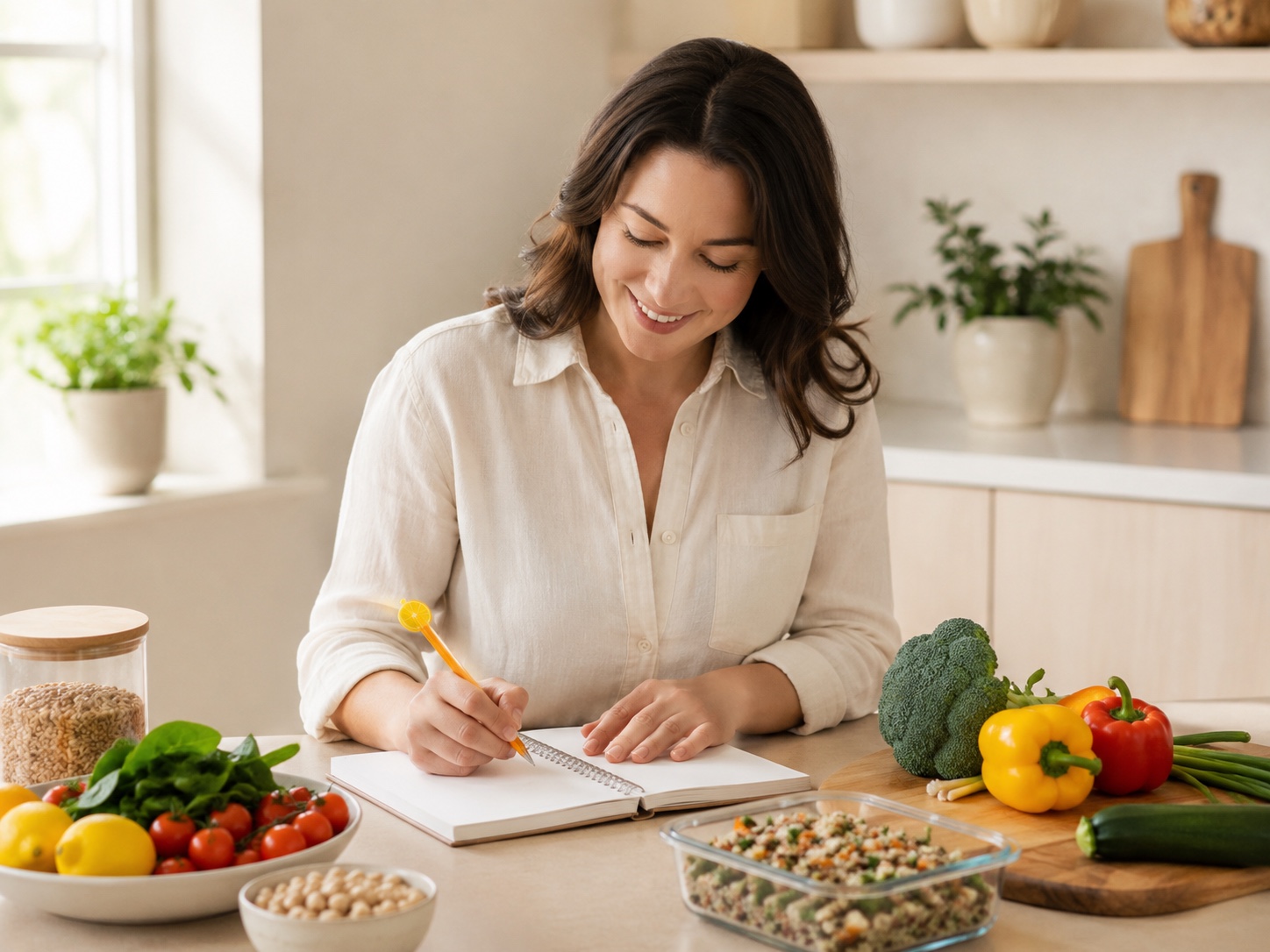 Adult smiling while planning meals beside colorful ingredients.