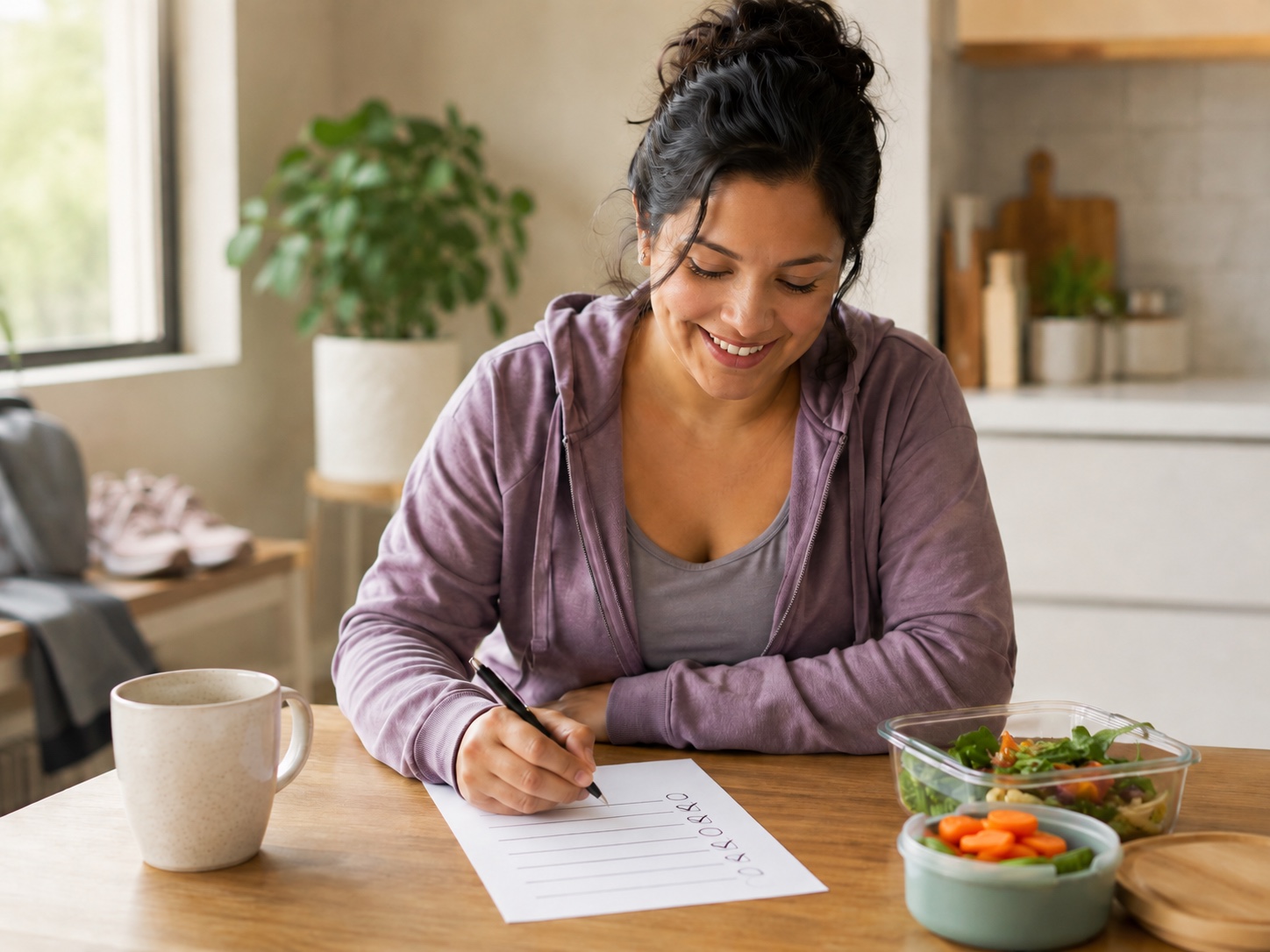 Adult smiling while checking off a healthy habit list beside prepared food.