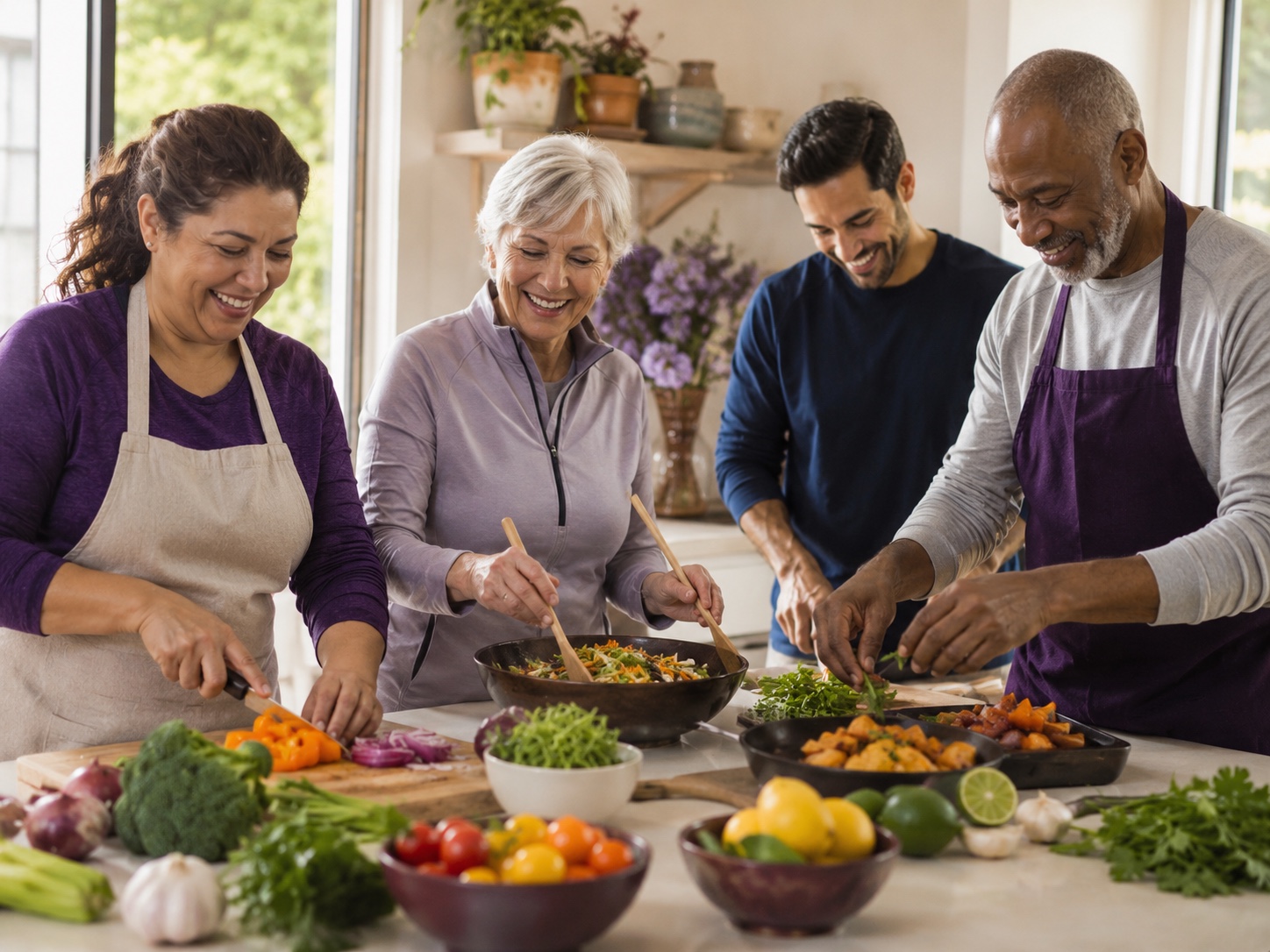 Adults smiling while cooking a healthy recipe together.