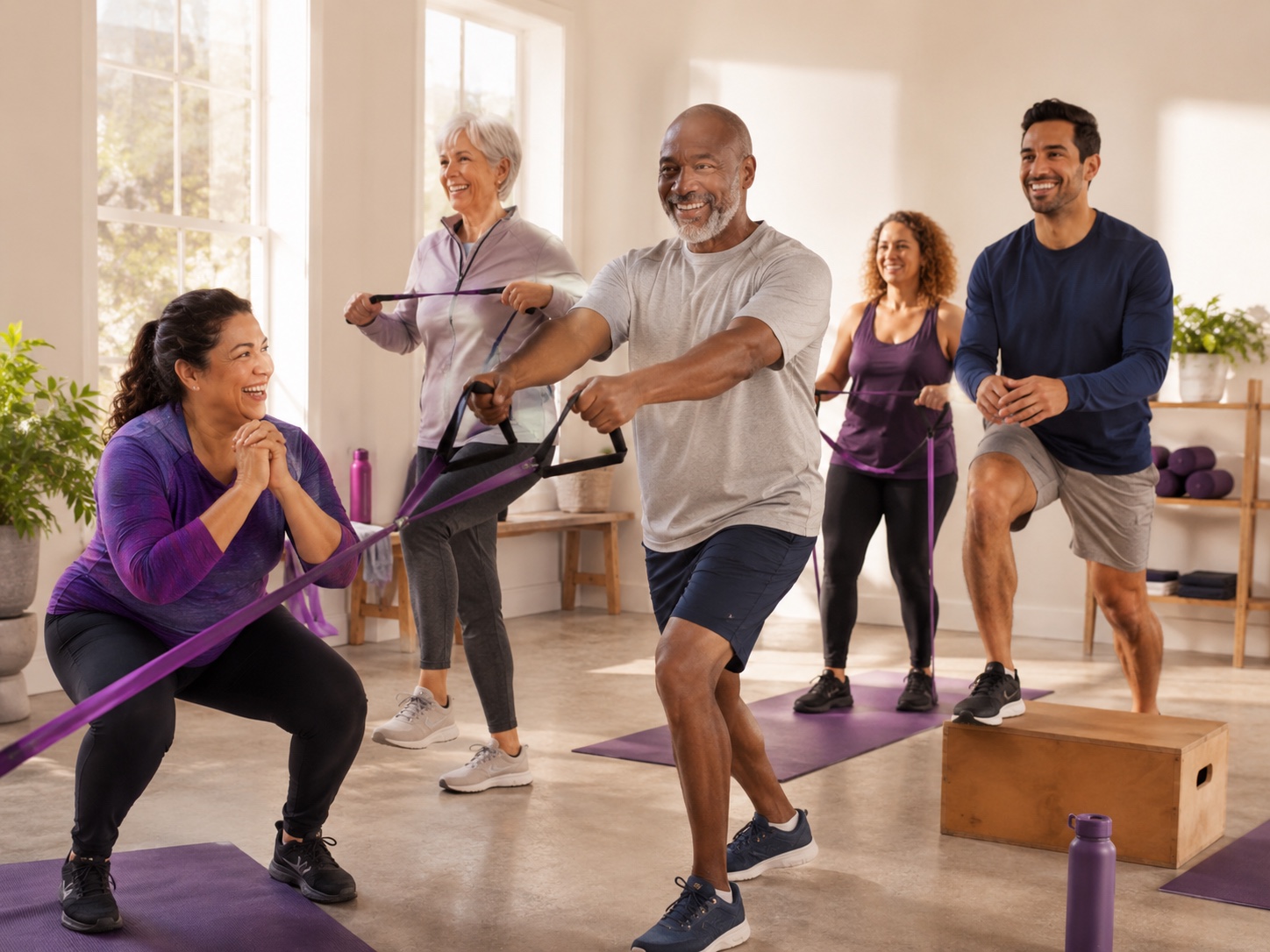 Diverse adults smiling while doing beginner-friendly resistance training.