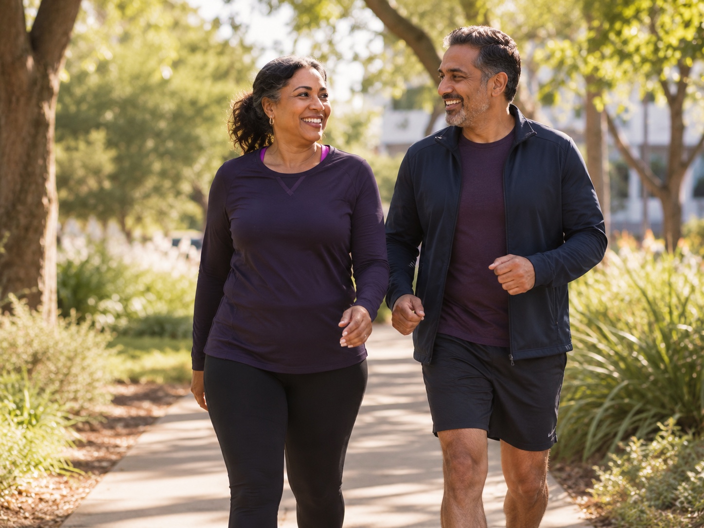 Two adults smiling while walking together outdoors.